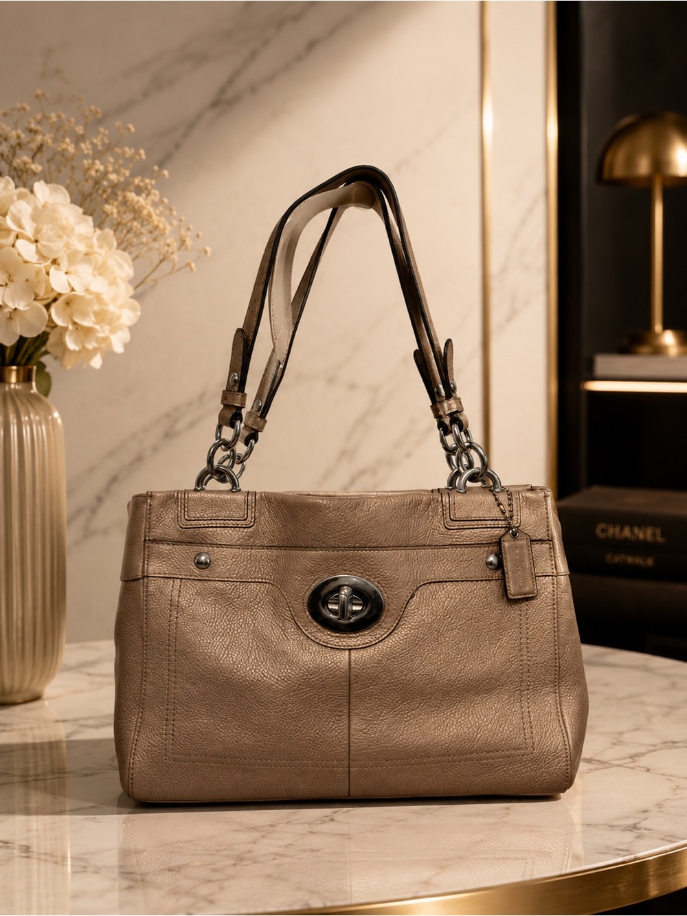 COACH F16531 Penelope Metallic Golden Beige Pebbled Leather Carryall Shoulder Ba